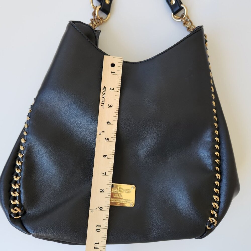 Bebe Black Faux Leather Bag Purse Large Gold Chains Glam Edgy Maximalism Loud - Picture 14 of 16